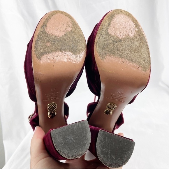 Aquazzura Mira Velvet Platform Open Toe Sandal Heels Burgundy Red EU 40 Cocktail - Picture 7 of 9